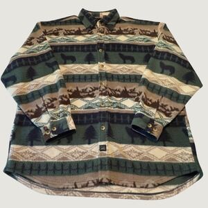 Colorado Fleece Shirt Green Wolf Moose Nature Print Vintage Large Gorpcore